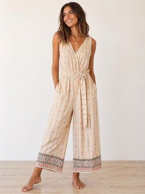 Kaari Blue Boho Wide Leg Jumpsuit Medium Pink Floral Palazzo Pants Pockets